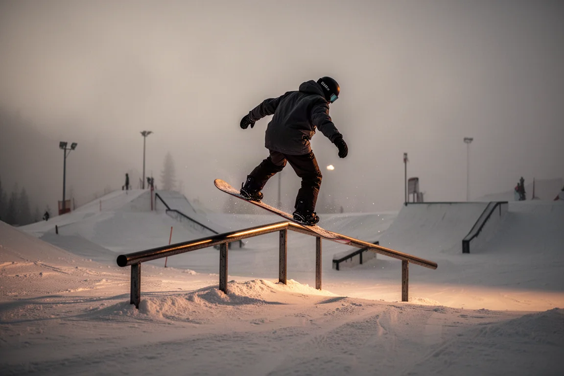 Snowboarder presst eine Rail in einem Terrain-Park in der Abenddämmerung