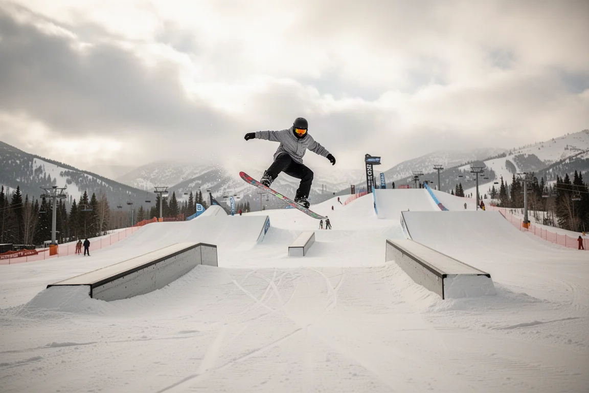 Snowboardeur enchaînant une ligne de sauts dans un snowpark sous un ciel partiellement nuageux