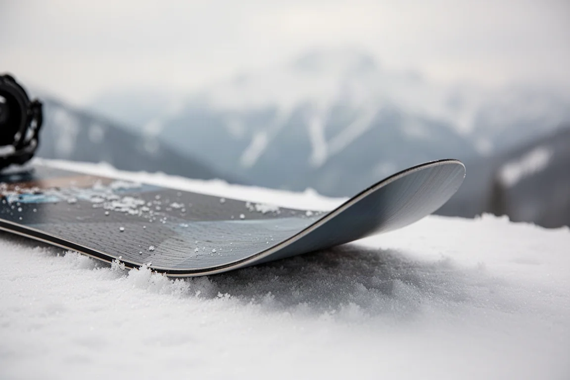 Gros plan sur le nose d'une planche de snowboard montrant la montée du rocker sur neige durcie
