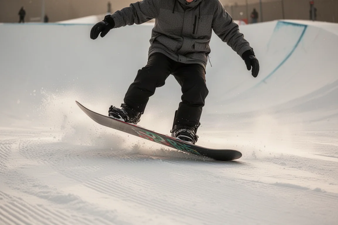 Snowboardeur en nose press lors d'un butter dans un snowpark