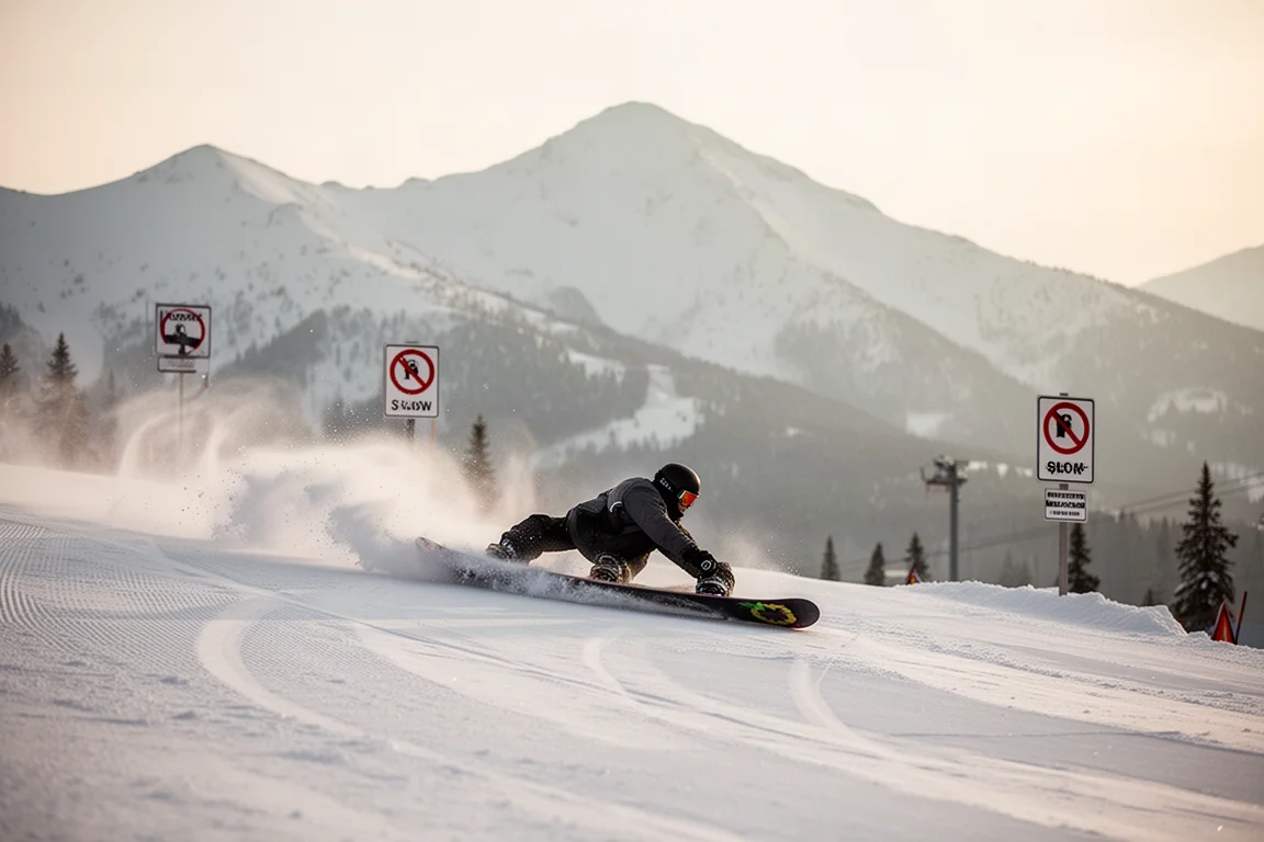 Snowboardeur en appui dans un long virage courbé sur une piste damée