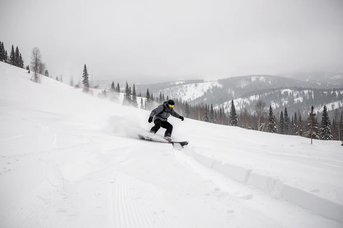 Snowboarder carving through hero snow on a mountain slope in flat light