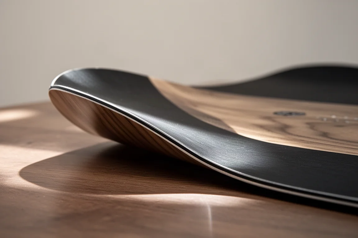 Close-up of a snowboard nose with rocker transition and camber underfoot