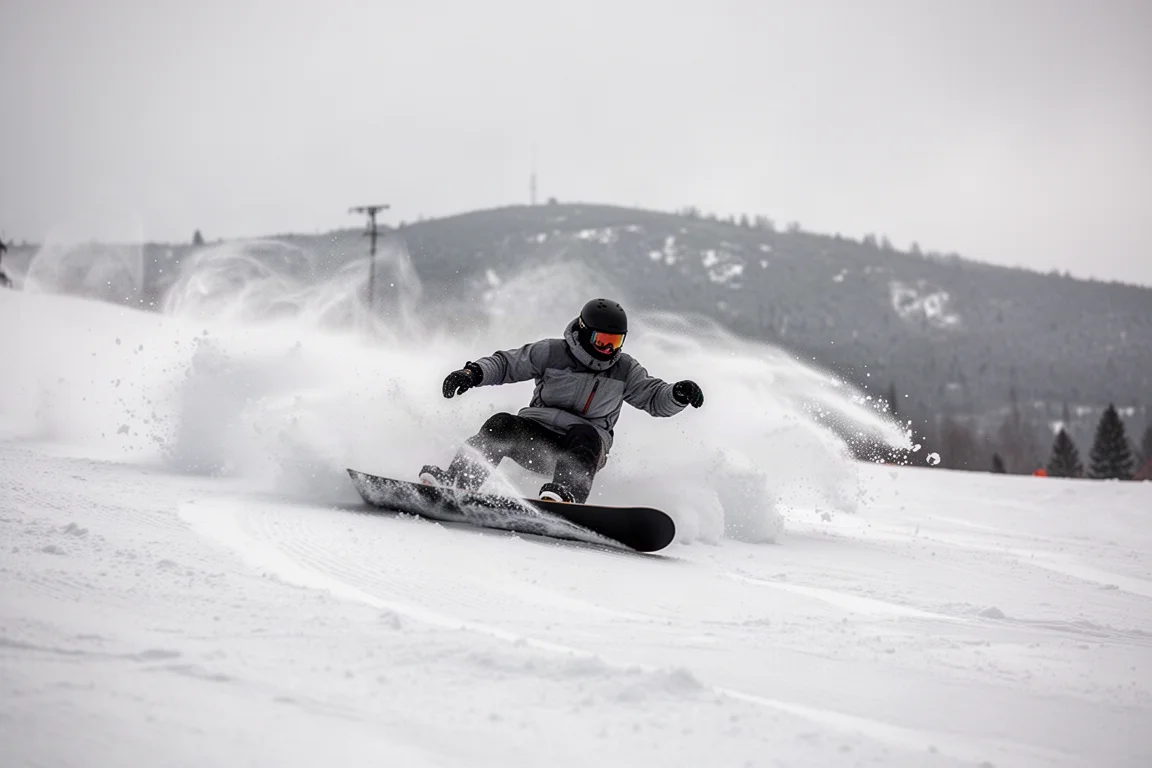 Snowboarder laying a deep carve on a large groomed turn at speed