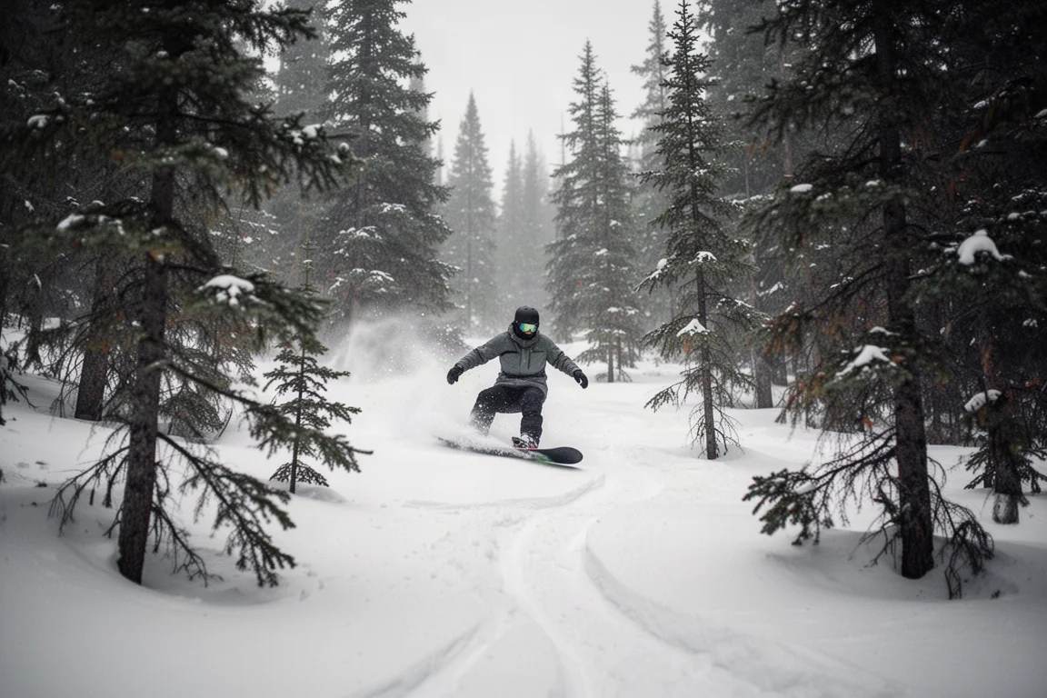 Snowboarder traversing a tree run with tracked-out powder between trees