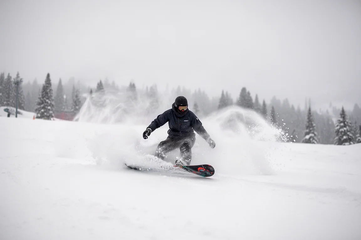 Snowboarder slashing through deep fresh powder under overcast skies