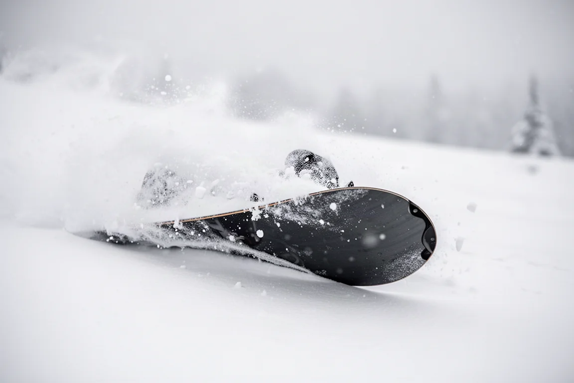 Snowboard nose slicing through deep powder with fine snow spray