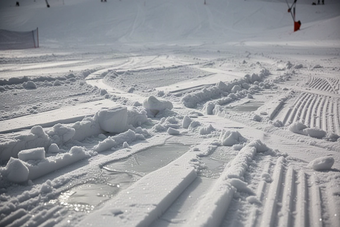 Tracked choppy snow with ruts and icy patches at a ski resort