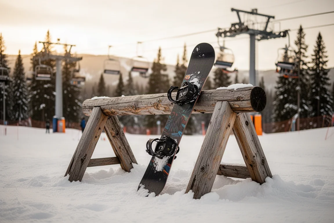 Snowboard resting against a wooden rack at a mountain base area