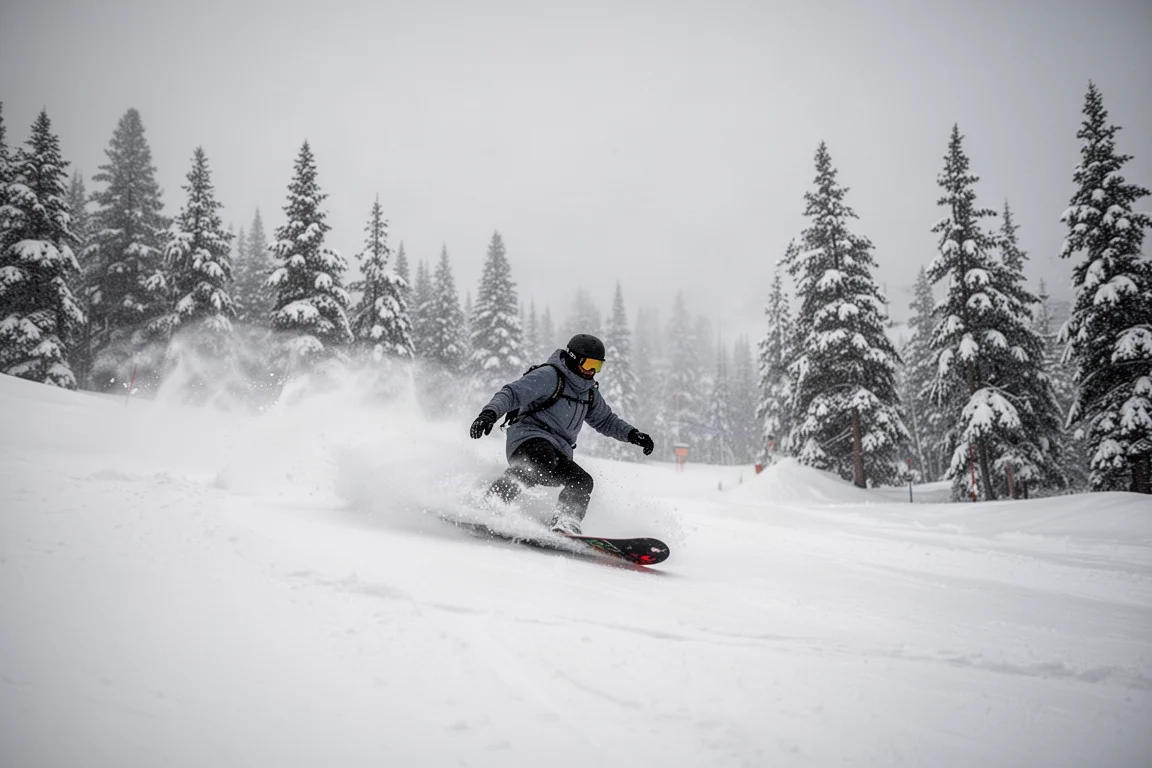 Snowboarder fährt durch tiefen Pulverschnee an einem bedeckten Tag im Skigebiet