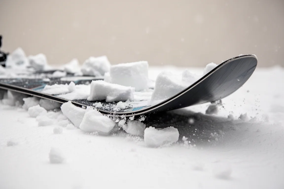 Nahaufnahme einer Snowboard-Nase, die sich über grob zerfahrener Schnee flex