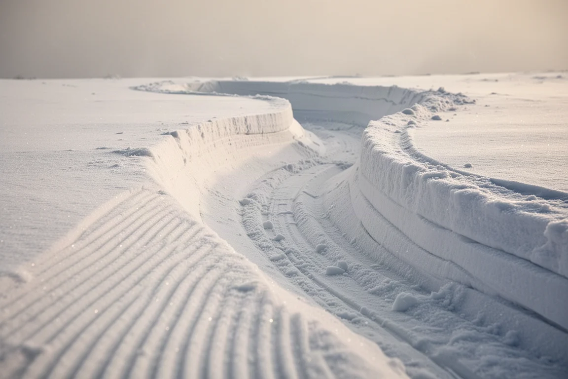 Tiefe Carve-Spur, die ein Snowboard auf der Kante in den Schnee gegraben hat
