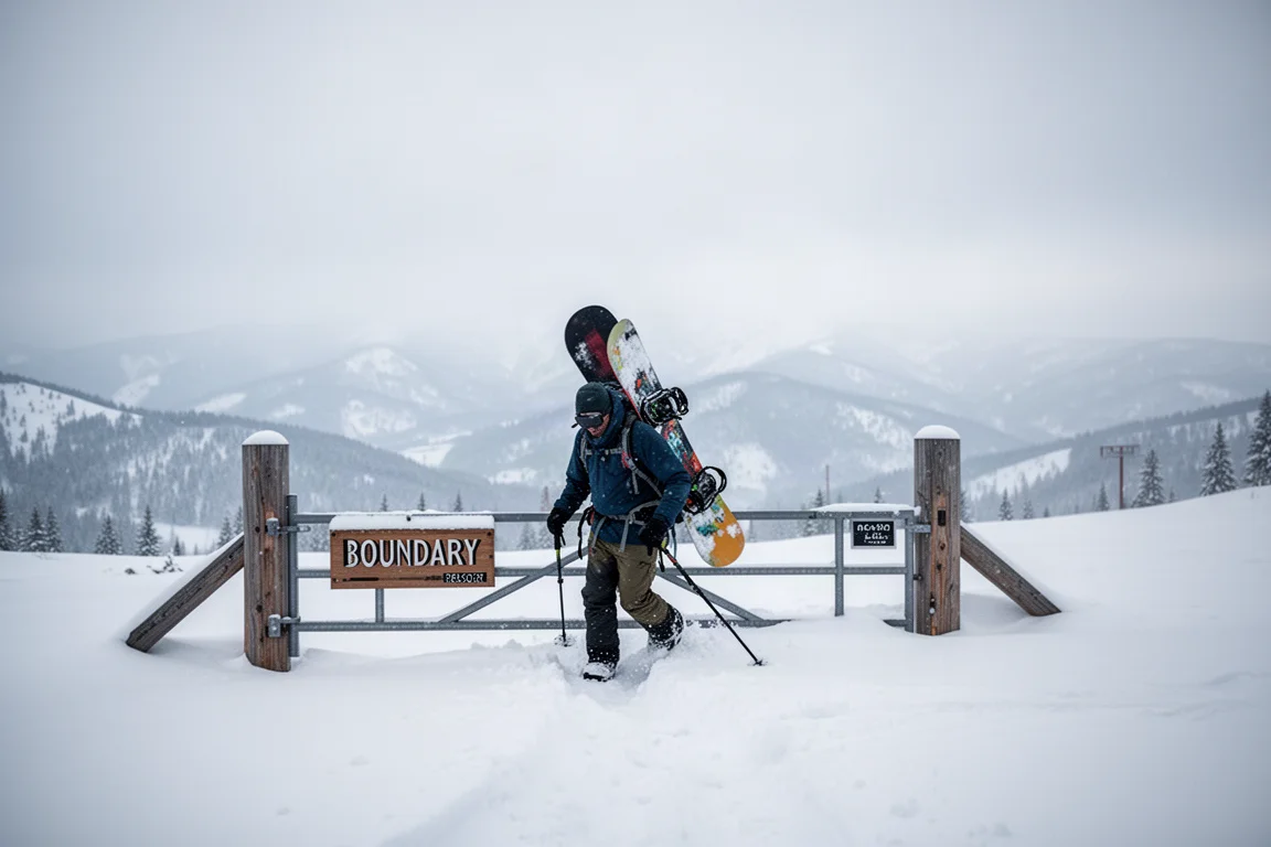 Snowboarder wandert Richtung unberührtem Schnee hinter einem Gebietstor