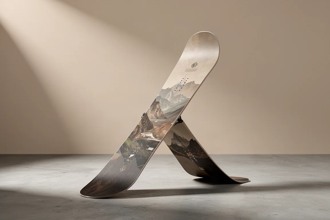 Directionales Swallowtail-Snowboard aufrecht stehend auf einer Betonfläche
