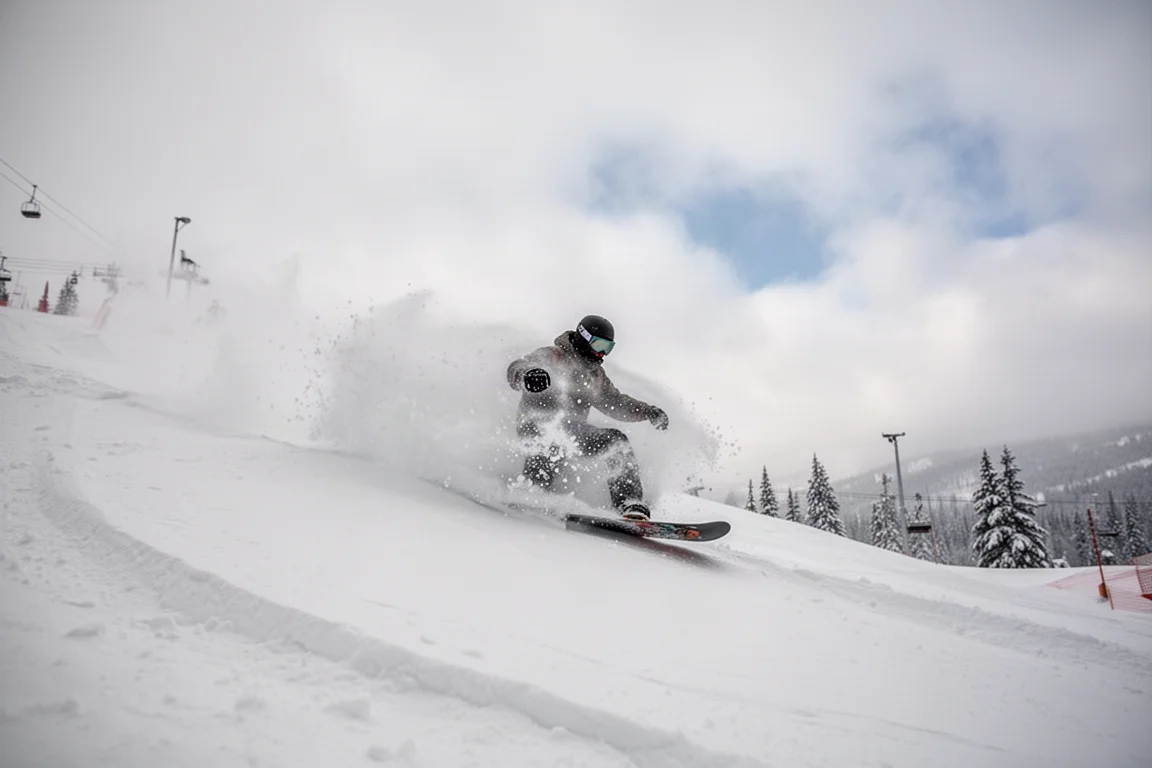 Snowboardåkare som slår upp puder från en vägg en halvmolnig dag på anläggningen