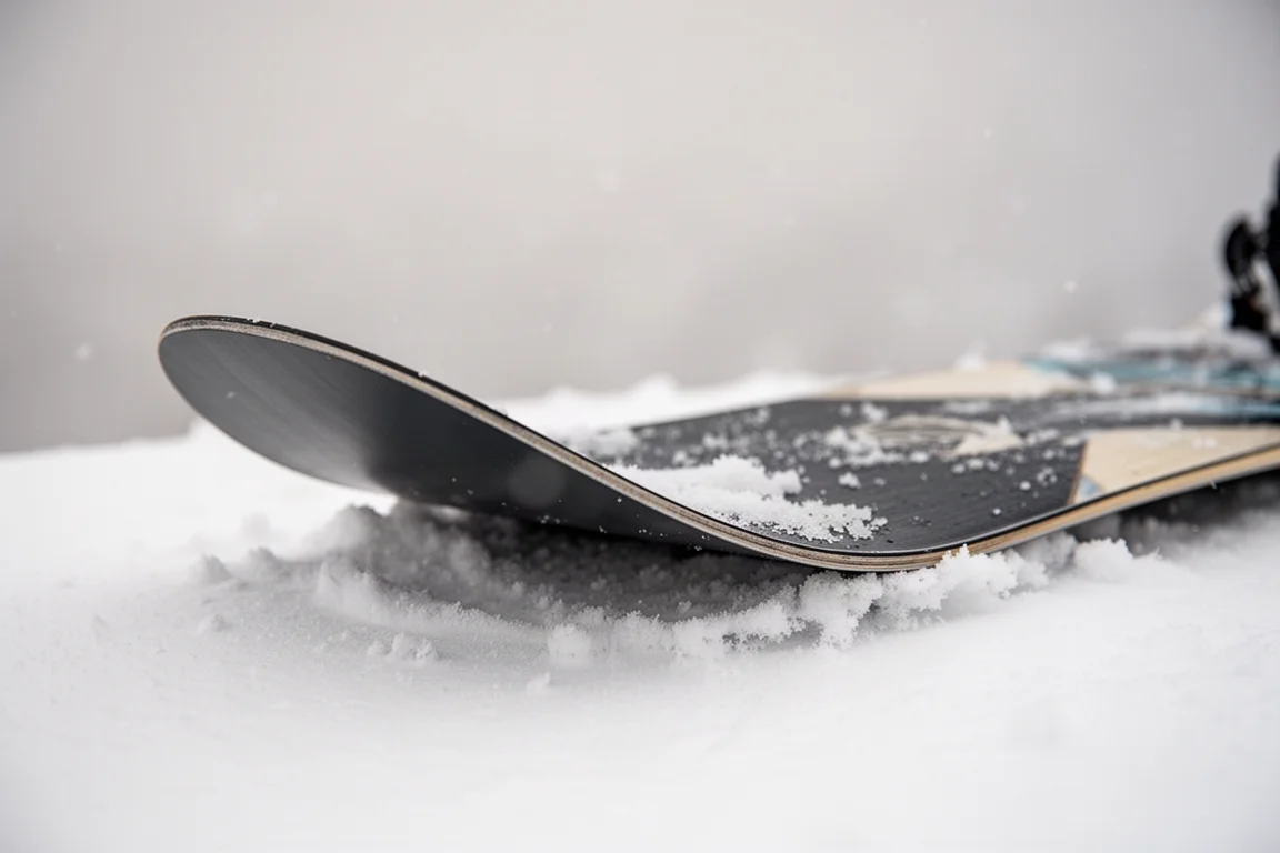 Närbild på en snowboards nos som visar övergången från rocker till camber