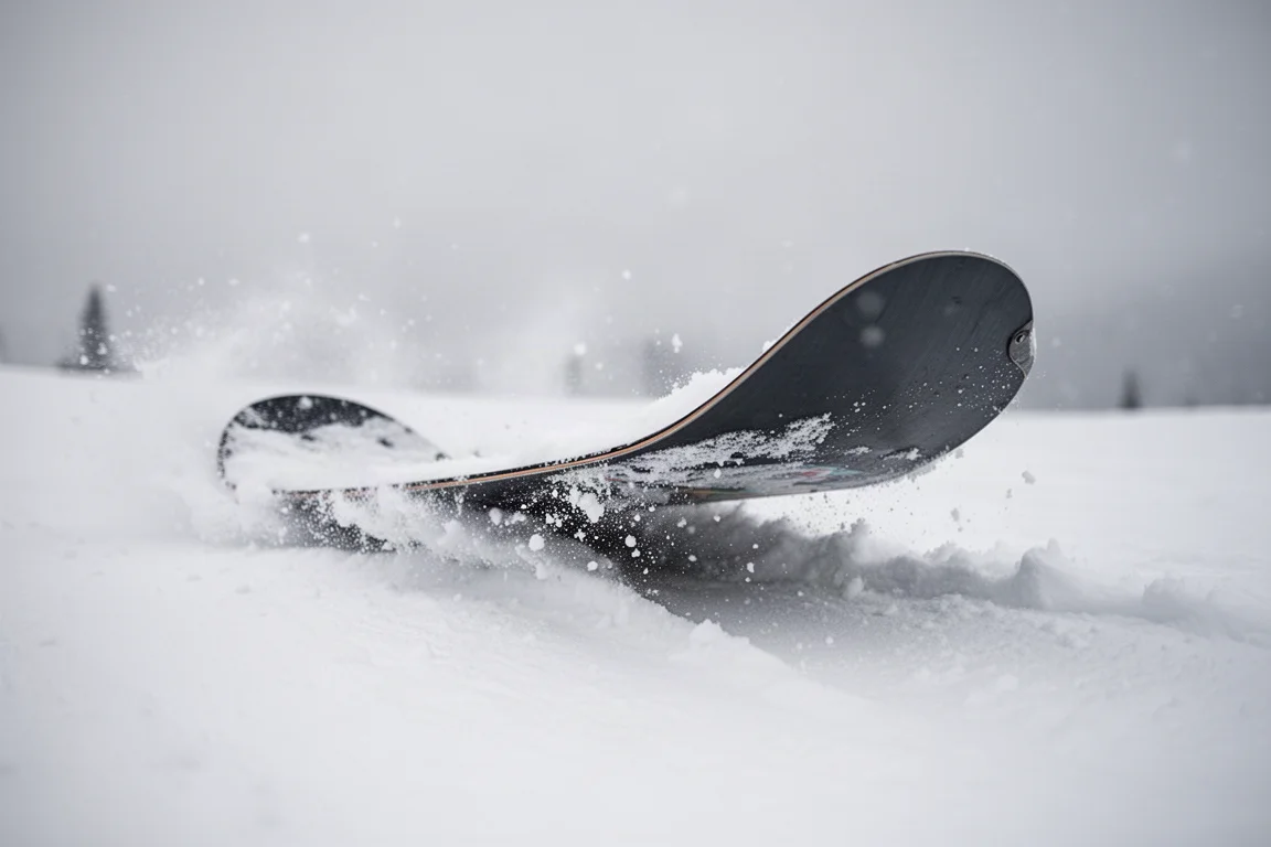 Snowboards svans tryckt mot snön under ett butter-trick