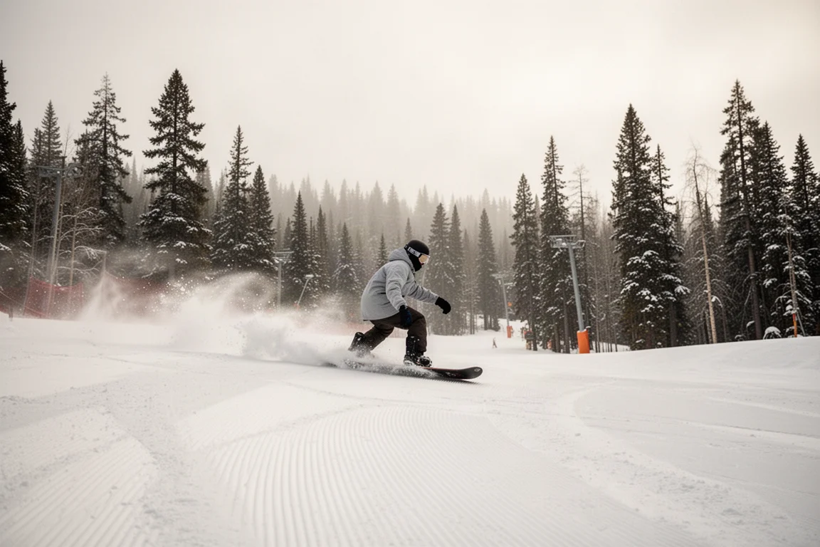 Snowboardåkare som carvar nerför en preparerad pist mot trädlinjen