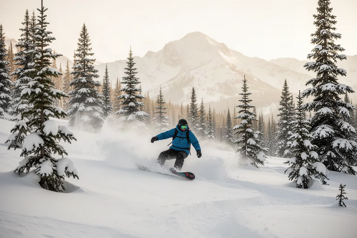 Snowboarder carvt een verse poederlijn door de bomen op een zonnige dag