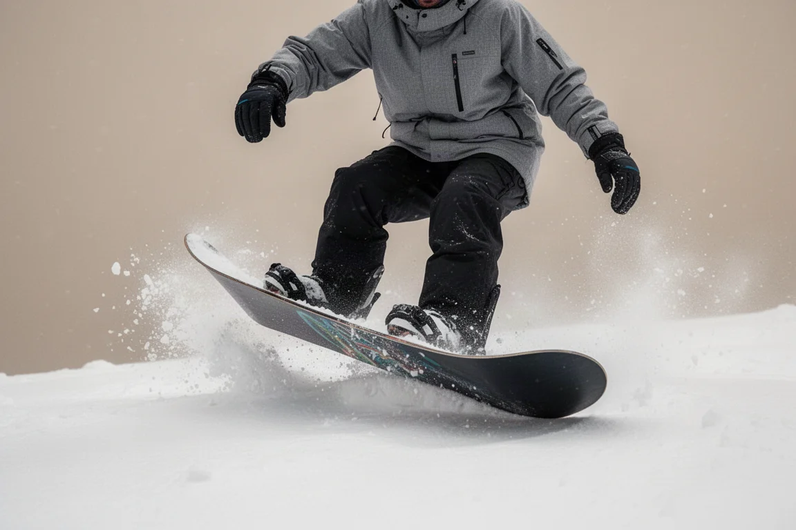 Snowboarder drukt in verse poeder de neus van het board in tijdens het butteren