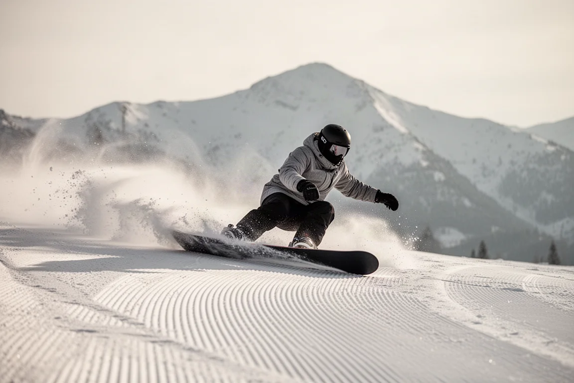 Snowboarder legt een diepe euro carve neer op een strak geprepareerde piste