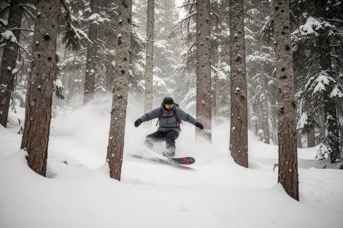 Snowboarder rijdt nauwe booomlaantjes op een dag met zachte sneeuw