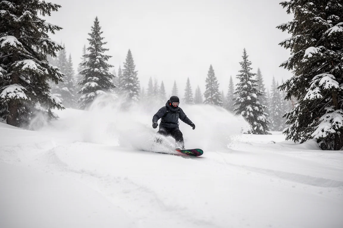 Snowboarder surfeando por polvo profundo sin huellas en una ladera arbolada