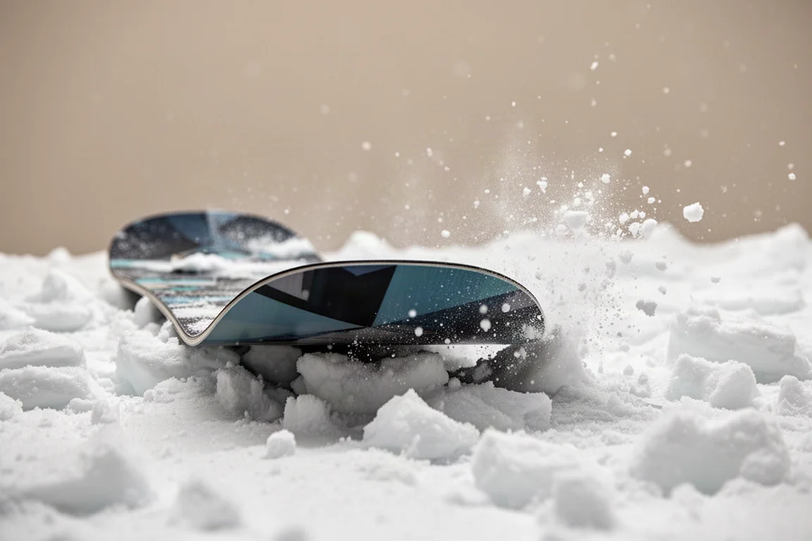 Primer plano de la nariz de una tabla de snowboard flotando sobre nieve revuelta y cortada