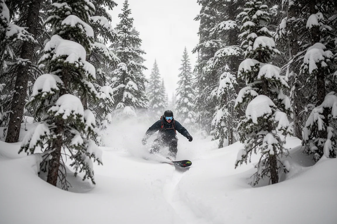 Snowboarder trazando curvas entre árboles muy juntos en polvo profundo