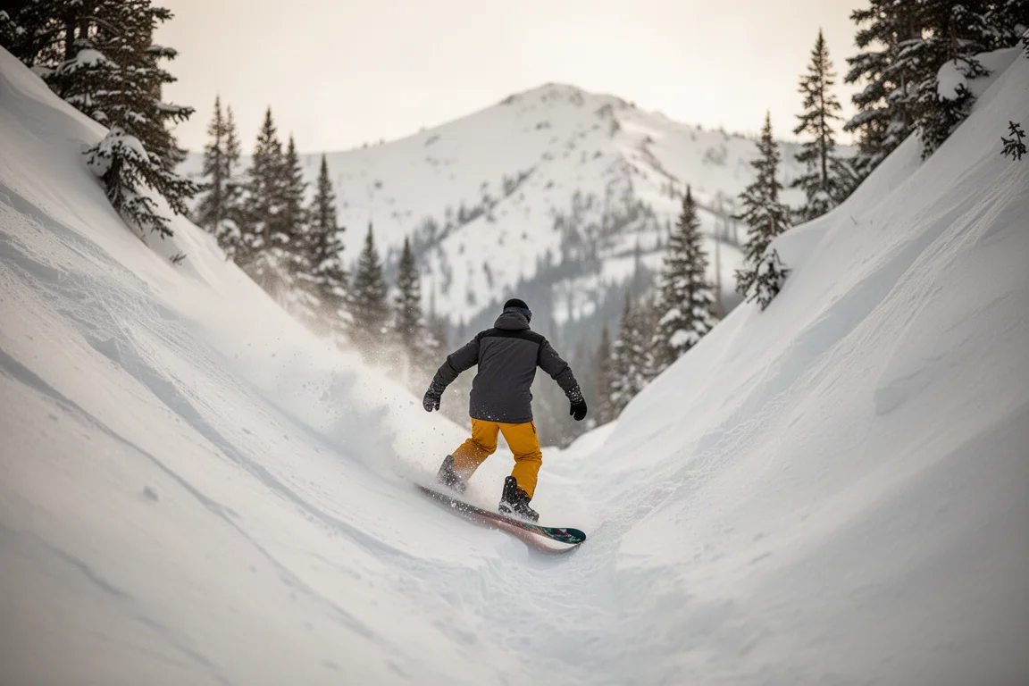 Snowboarder fährt steiles Gelände bei weichem Tageslicht