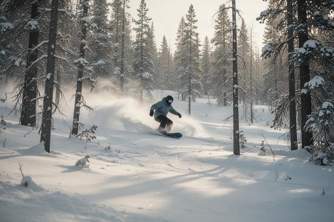 Snowboarder zieht eine enge Kurve durch die Bäume