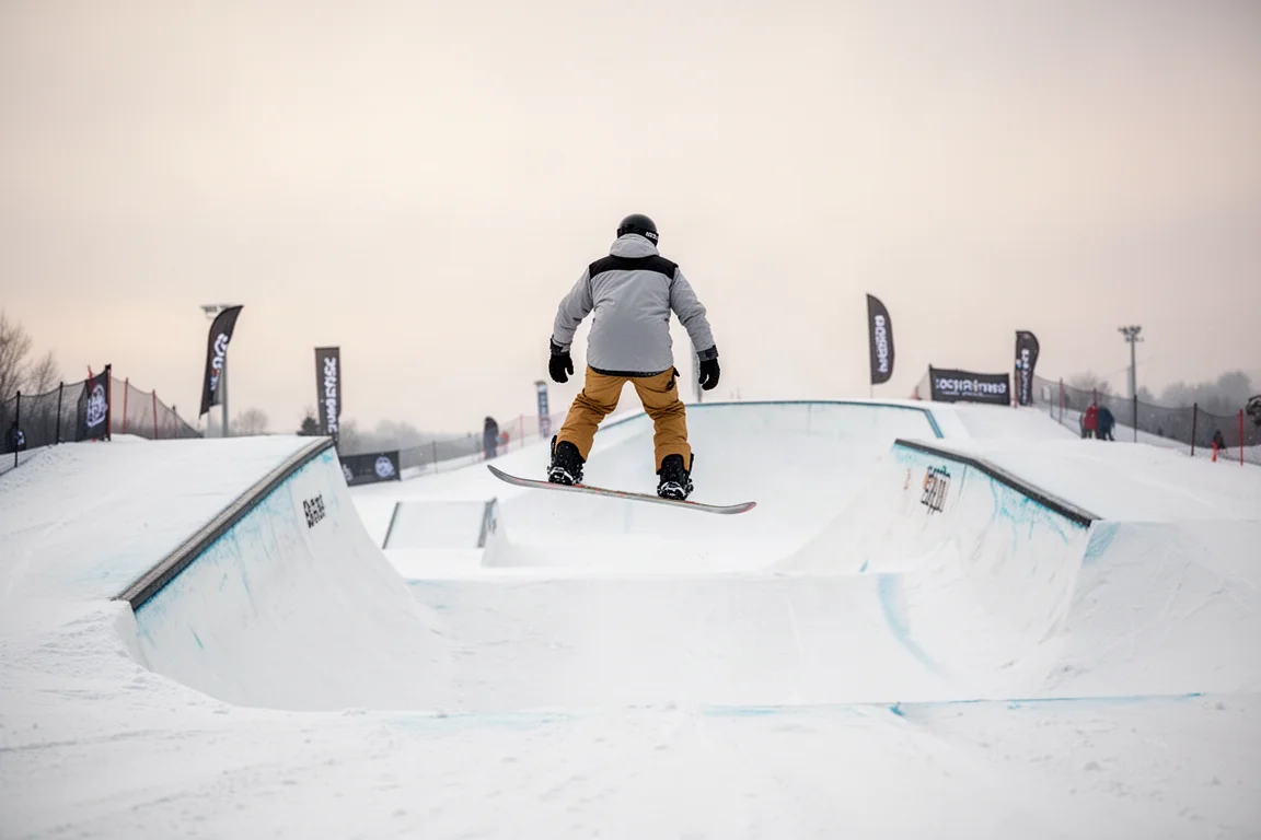 Snowboarder nähert sich einem Park-Kicker