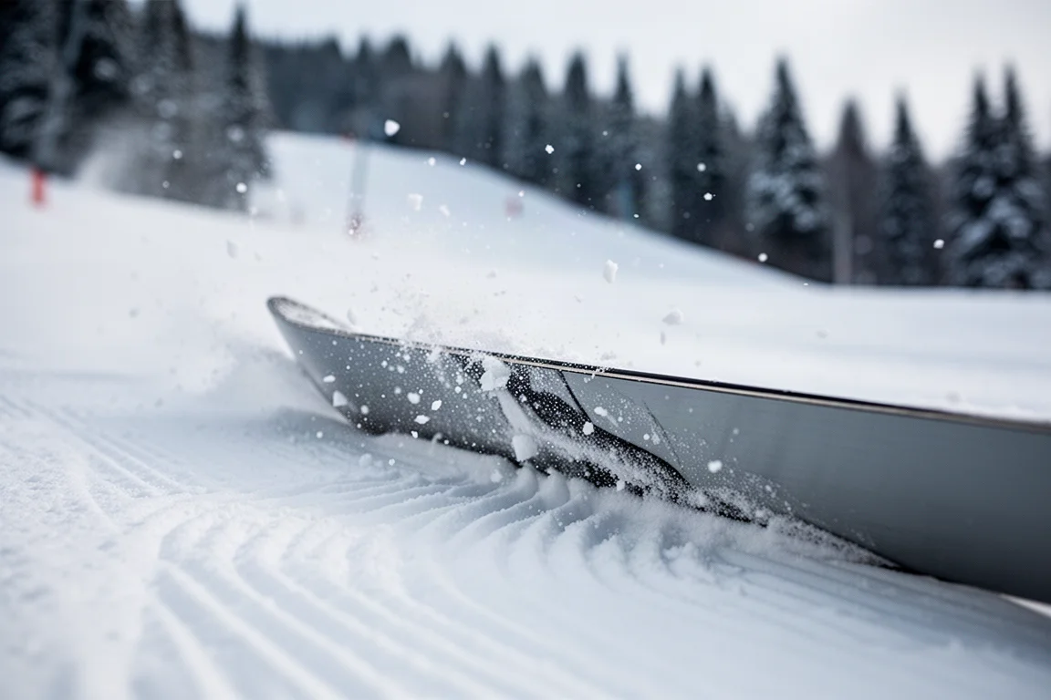 Nahaufnahme einer Snowboard-Kante, die sich in präparierten Schnee gräbt