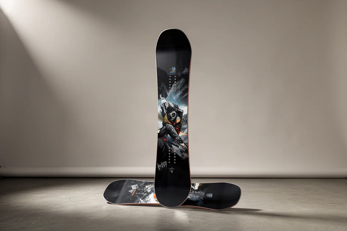 Planche de snowboard freestyle Lib Tech Number 43 dressée verticalement sur fond de studio gris