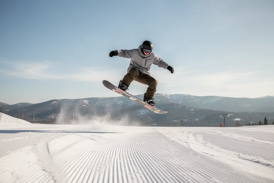 Snowboarder drückt die Nase des Boards auf einer präparierten Park-Piste