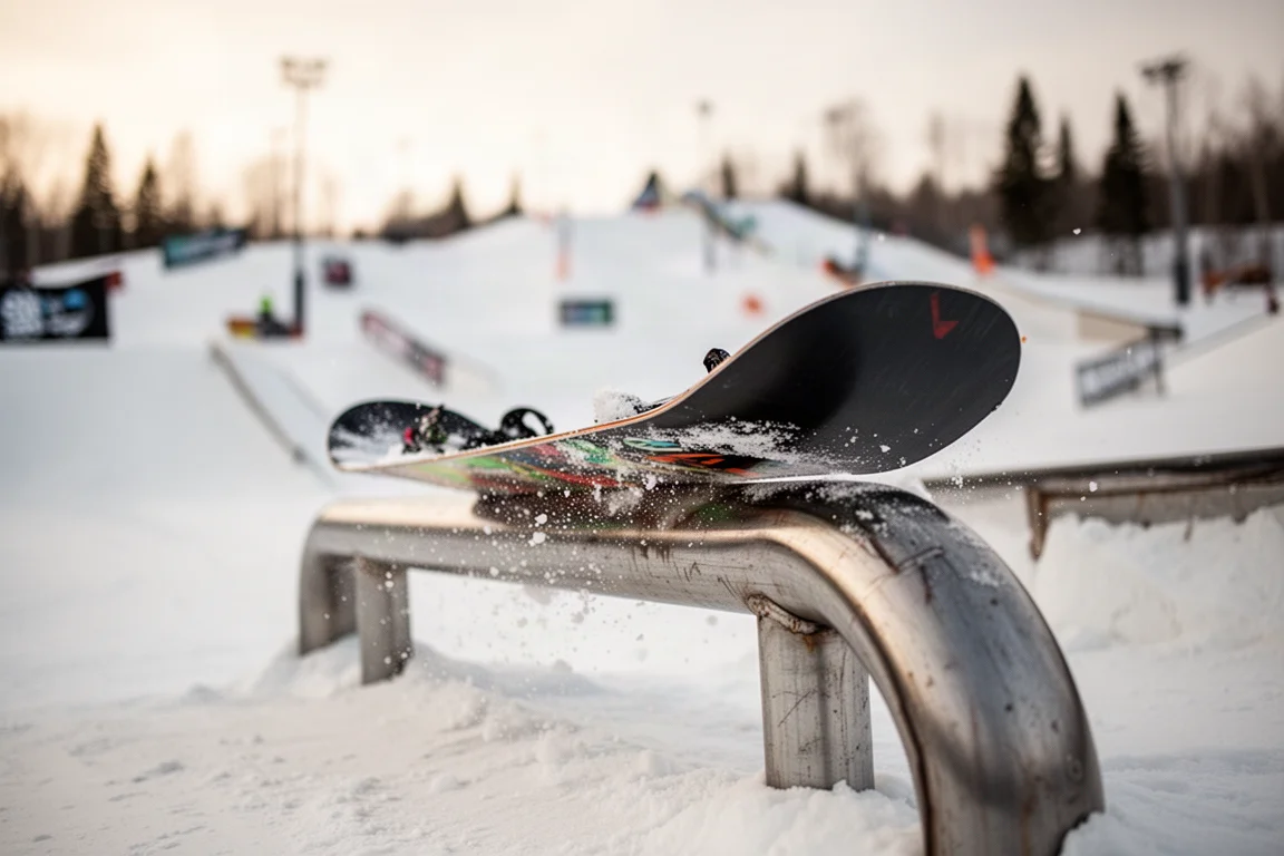 Nahaufnahme eines Snowboard-Heckbutters auf einem niedrigen, runden Rail