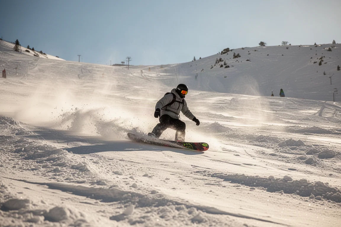 Snowboarder deslizándose por condiciones de nieve primaveral mixta en una montaña soleada