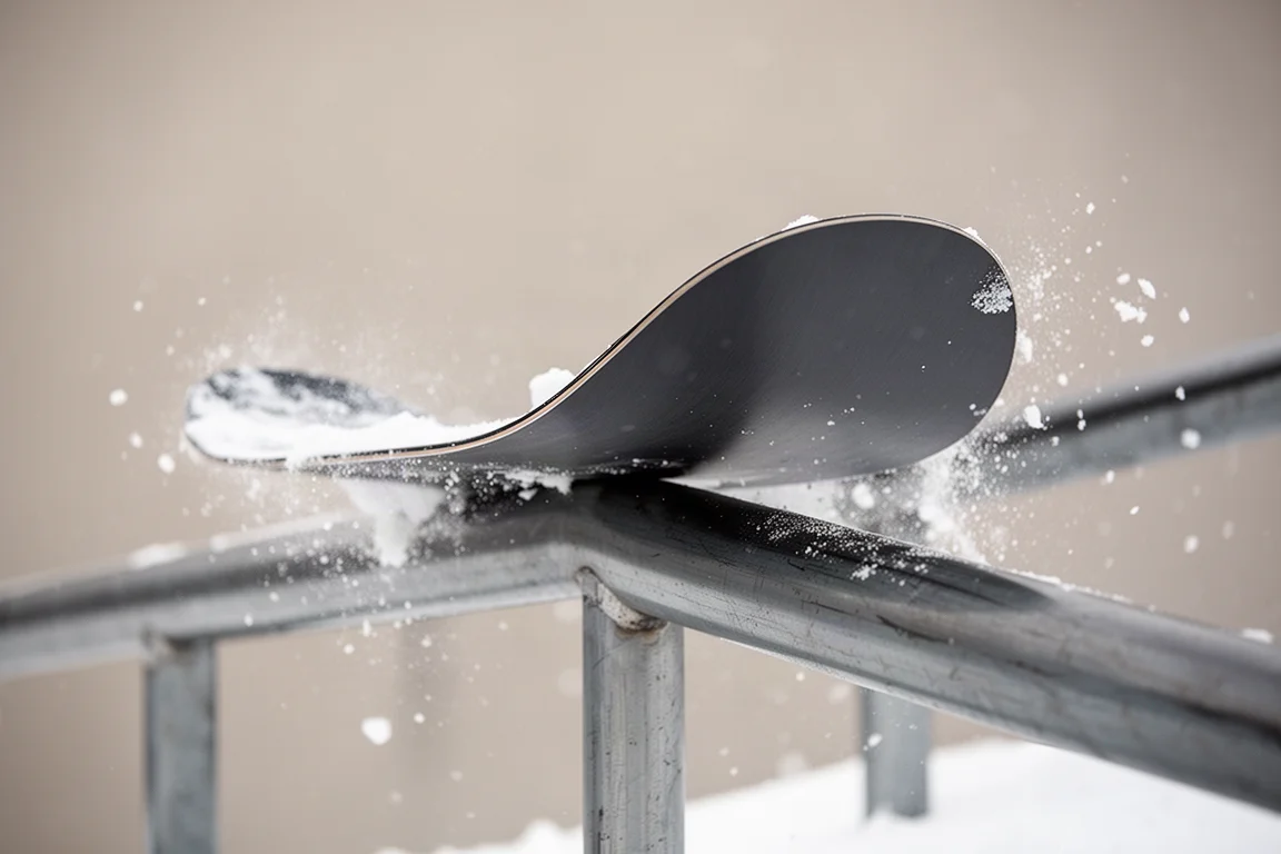 Primer plano de la cola de una tabla de snowboard presionada contra un riel del park con salpicaduras de nieve