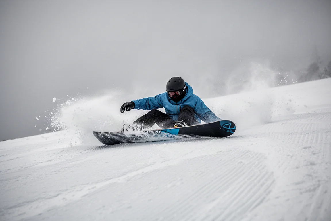 Snowboarder trazando un giro cerrado en nieve pisada dejando un rastro de spray
