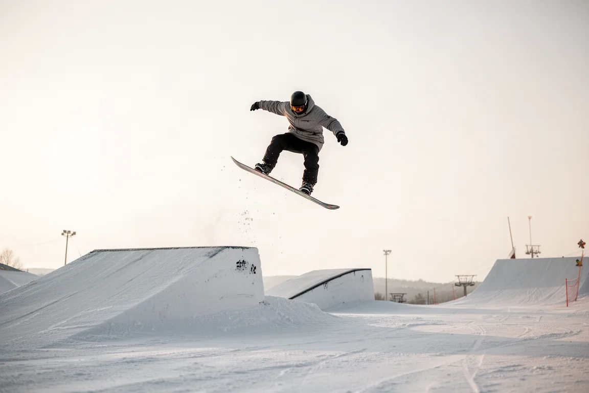 Snowboarder saltando desde un pequeño salto del park con luz suave de tarde