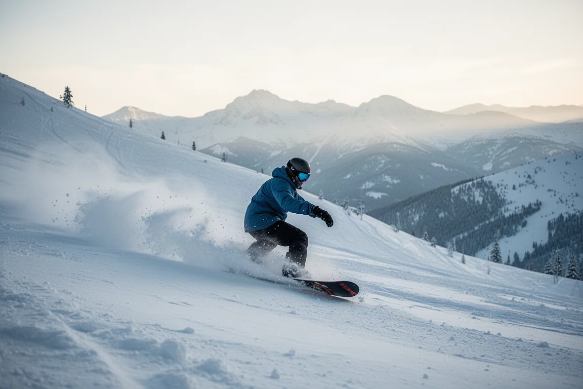 Snowboarder carving through fresh powder on a mountain slope