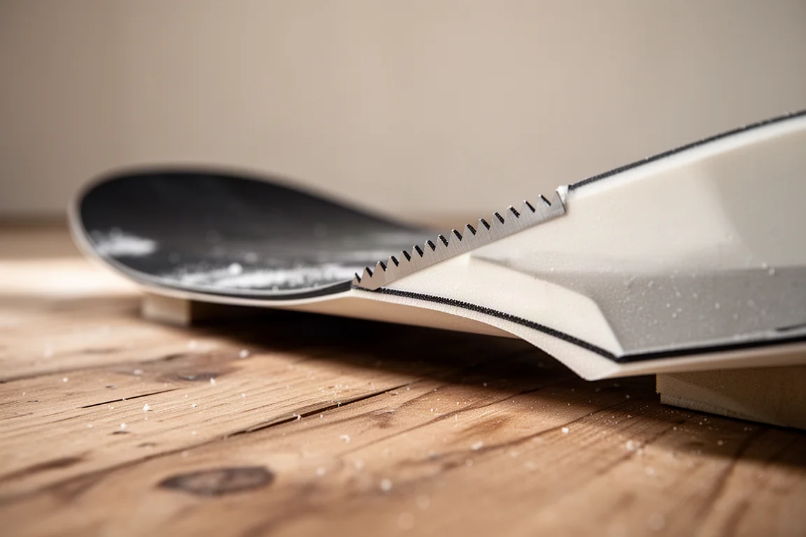 Close-up of a snowboard edge and base detail on a shop floor