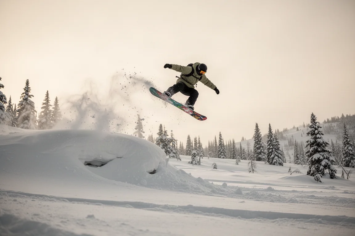 Snowboarder spinning off a side hit in backcountry terrain