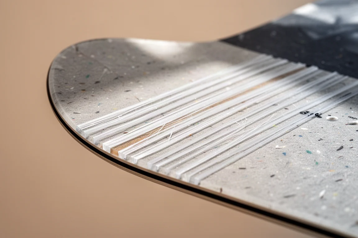 Premium snowboard top sheet showing layered fiber construction detail