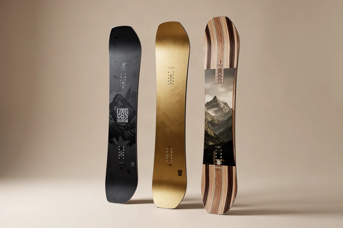 Drie Lib Tech Orca snowboardmodellen rechtopstaand in een rij