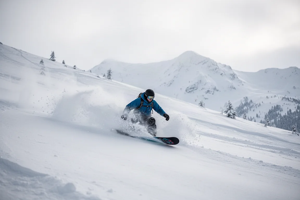 Snowboarder carving through deep powder on a forested mountain slope