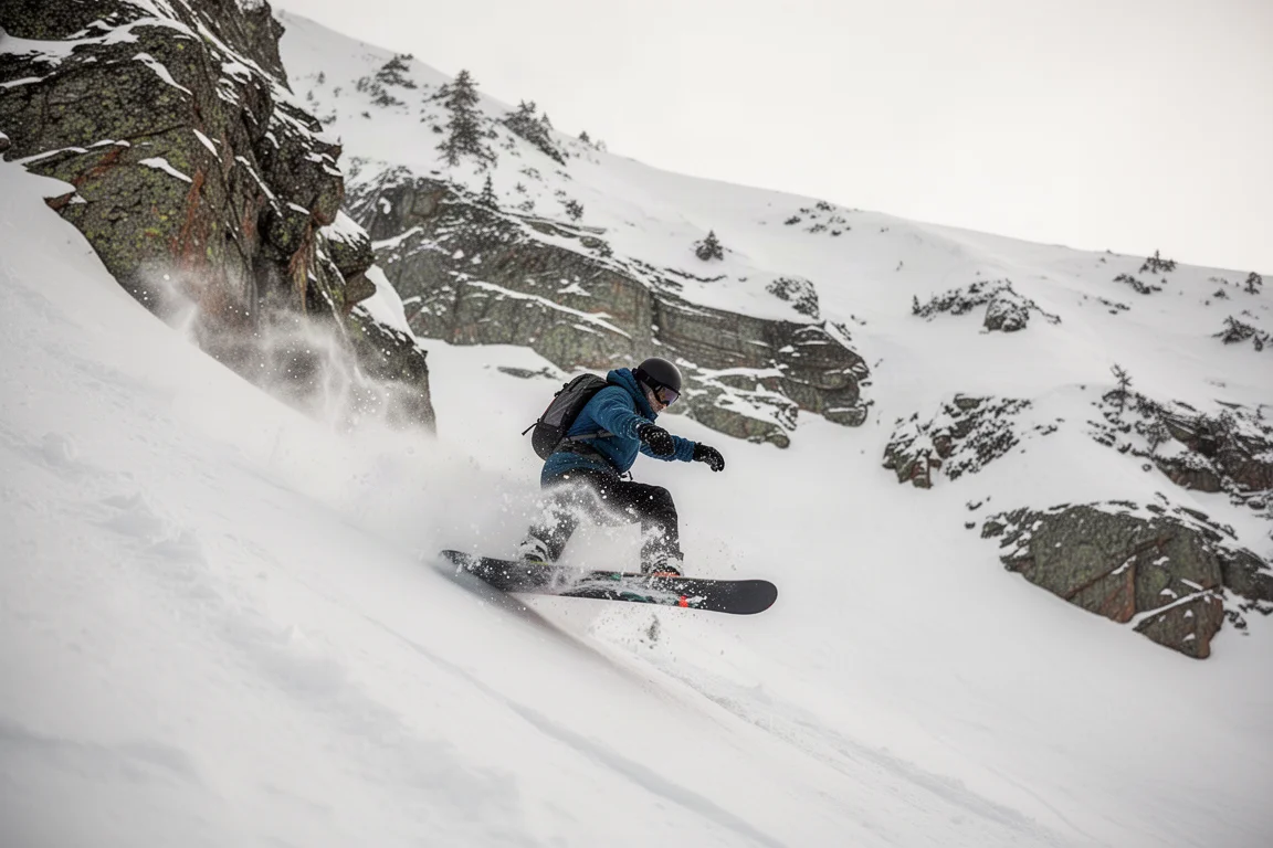 Snowboarder standing on a quiet cat track at dusk with the mountain behind