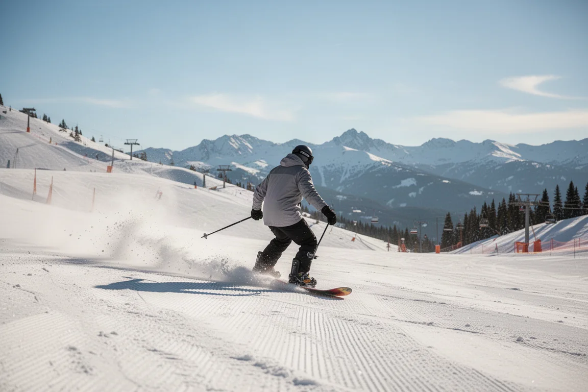Snowboarder carving down a groomed run on a sunny bluebird day