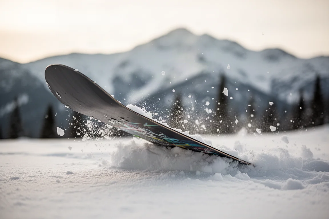 Close-up of a snowboard tail loaded and popping off packed snow