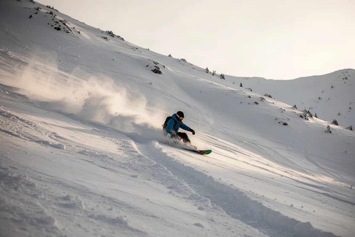 Snowboarder laying a deep carve trench through choppy snow